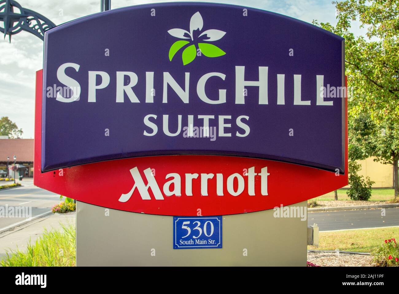 Frankenmuth, Michigan, Stati Uniti d'America - 9 Ottobre 2018: segno per il Springhill Suites del Marriott hotel catena. Foto Stock