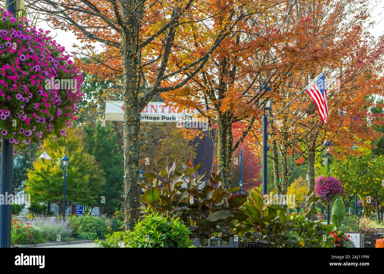Piccola città USA. Strada principale USA con foglie di colore autunnale e bandiera americana nel centro di Frankenmuth, Michigan. Foto Stock