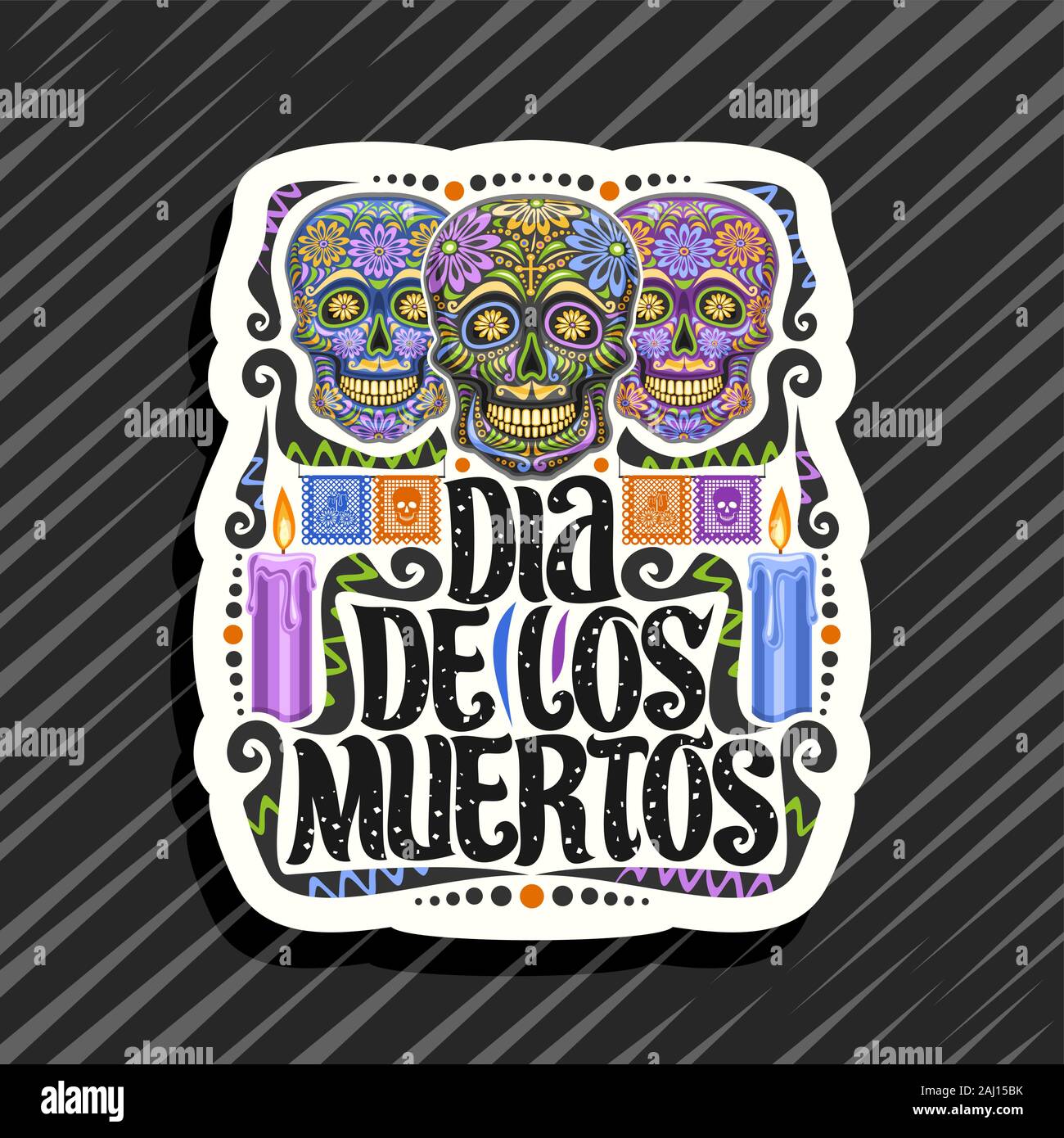 Il logo del vettore per il Dia de los Muertos, bianco tag decorativo con illustrazione di 3 creepy sorridente teschi, candele accese, colorato papel picado, mar morto Illustrazione Vettoriale
