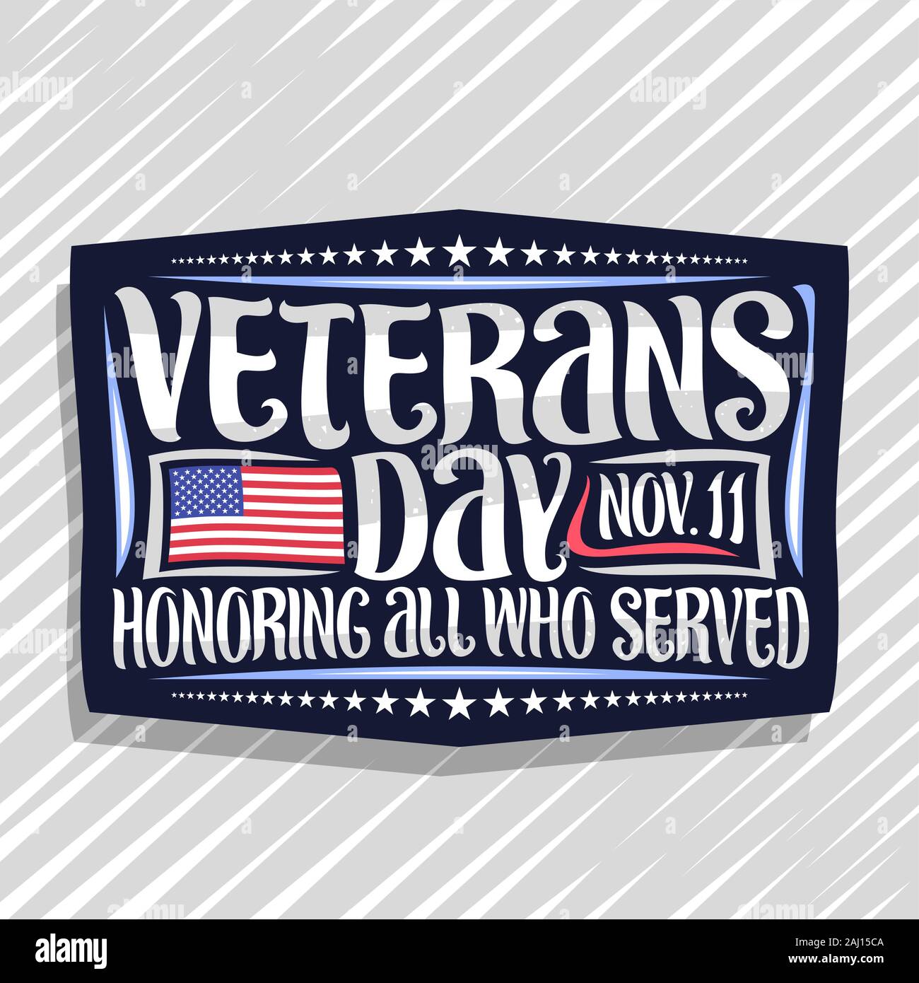 Il logo del vettore per i veterani giorno, scuro timbro decorativo con illustrazione della nazionale rosso e blu bandiera a strisce di USA e spazzola originale di scritte per wo Illustrazione Vettoriale