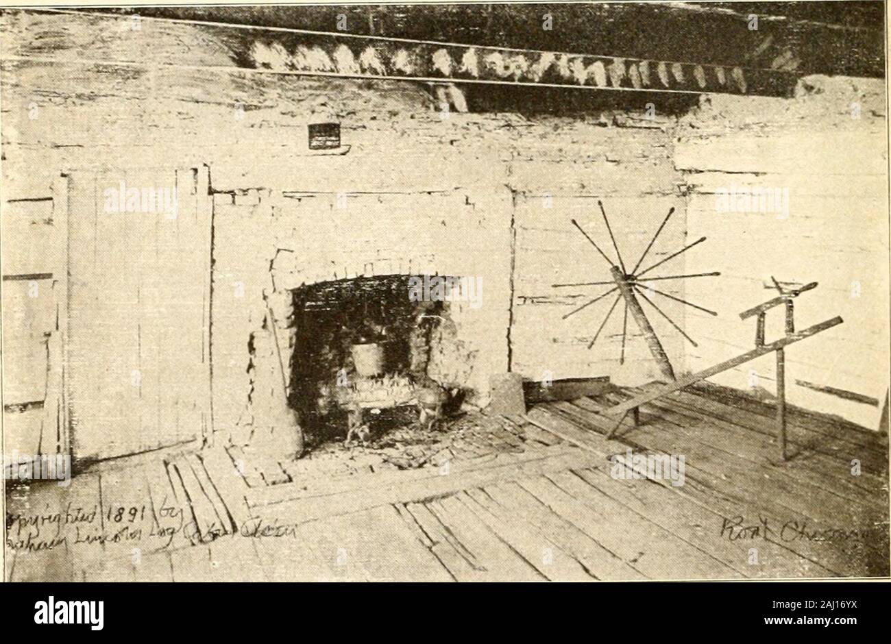 La storia di Abramo Lincoln : o il viaggio dal log cabin alla Casa Bianca . Famoso letto. La figura sopra mostra la sala ovest del Lincoln Log Cabin e il letto su cui Abrpham Lincolns il padre e la madre morì. Nell'angolo inferiore sinistro di Abraham Lincoln dormito su un letto a castello. Foto Stock