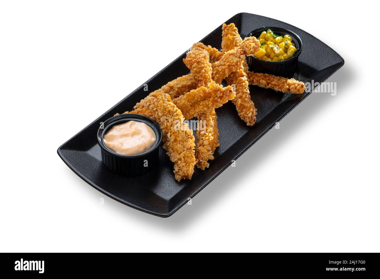 Delizioso fritto di pollo dita con cornflakes medicazione e il granturco dolce Foto Stock