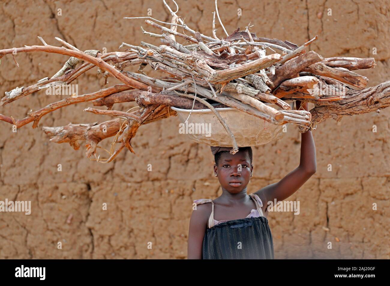 Giovane ragazza che trasportano legna da ardere sulla sua testa, Datcha-Attikpaye, Togo, Africa occidentale, Africa Foto Stock