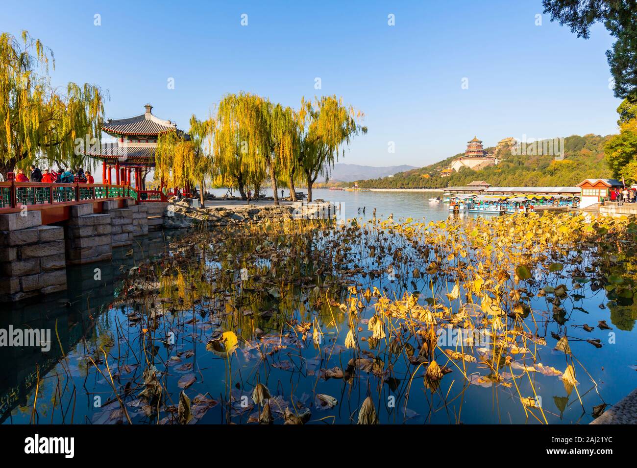 Vista del lago Kumning e il Palazzo d'estate, UNESCO, Pechino, Repubblica Popolare di Cina e Asia Foto Stock