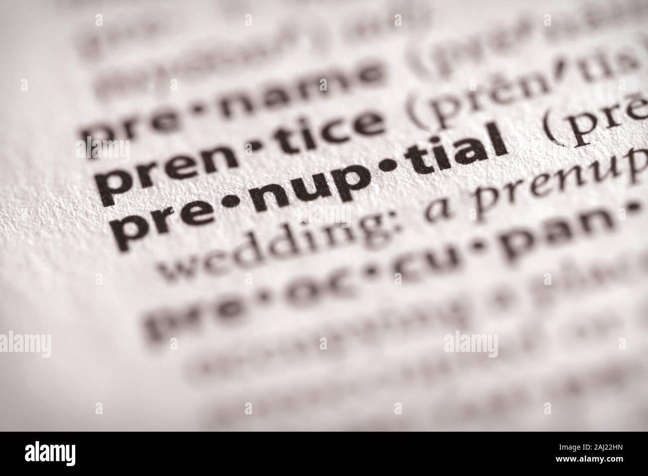 Il fuoco selettivo sulla parola "prematrimoniali". Molte più foto di parola nel mio portafoglio. Foto Stock