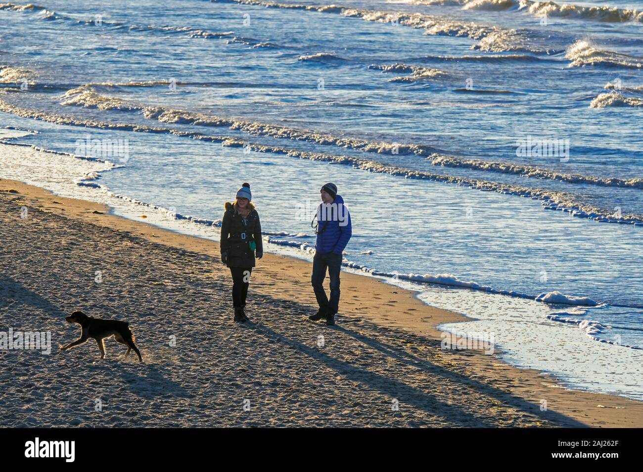 Coppia di proprietari di cani a piedi con unleashed cane sulla spiaggia al tramonto lungo la costa del Mare del Nord in inverno Foto Stock