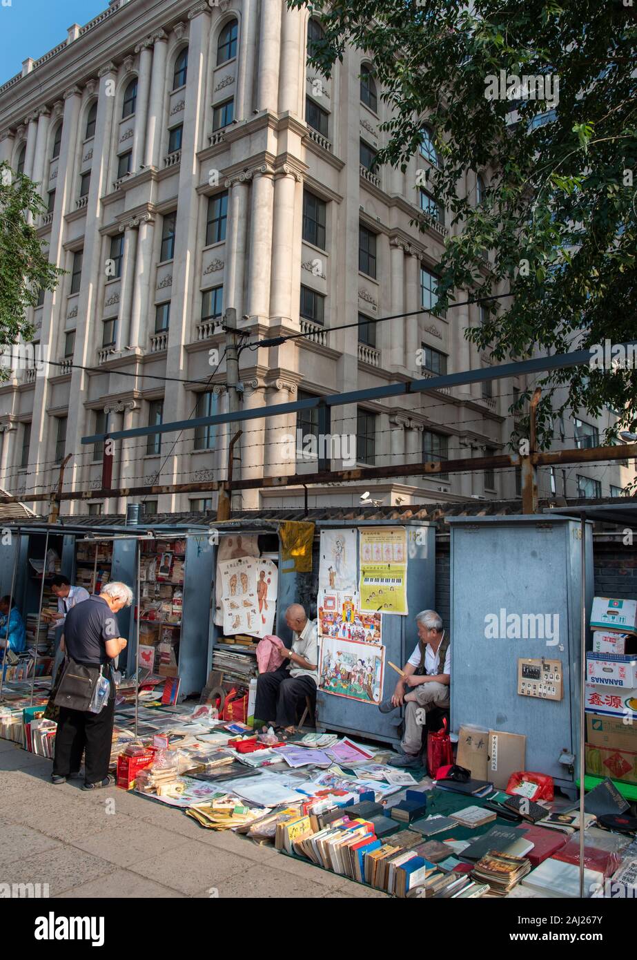 Il cinese uomo asiatico la lettura e la vendita di libri antichi a Panjiayuan pulci Mercato di antiquariato a Beijing in Cina. Foto Stock