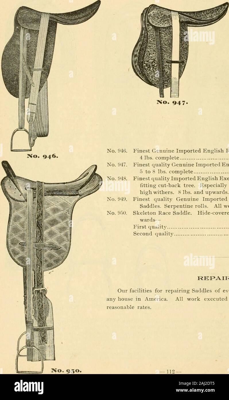 Turf merci : fine cablaggio, selle, trotto ed esecuzione di cavallo abiti . 945. No. 943. Onorevoli staffa scorrevole di prima qualità extra fine...daino ciascuno, $2 50 seconda qualità ogni, $ i 75 terza qualità ciascuno, SI 00 n. 944. Il brevetto LadiesLatchford staffa di sicurezza. Acciaio, finitura lucida o placcato in nichel 5 00 lo stile precedente della staffa è troppo ben noto al bisogno di encomio. Sicurezza per il ciclista essendo assicurata bv iLe facilità wilh -vvhiilj thestirrup proviene oltre, come nella facilità del pilota di essere buttati, la parte A rimane attaccata alla pelle di staffatura iuki B, sul quale il poggiapiedi, separa dalle altre Foto Stock