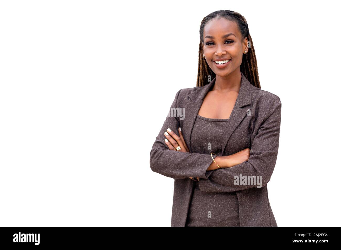 Ritratto di un felice americano africano compagnia femminile leader, CEO, boss, executive, isolati su sfondo bianco Foto Stock