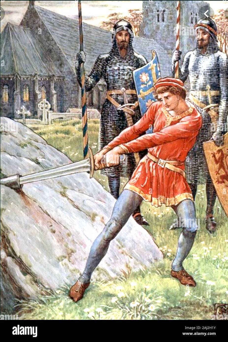 EXCALIBUR Re Artù estrae la spada dalla pietra in Robert de Boron la versione di legenda. Foto Stock