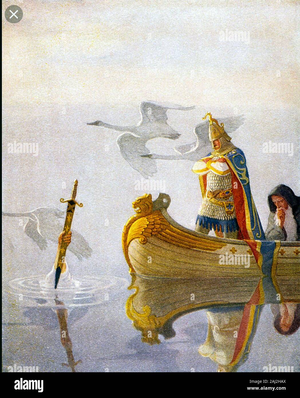 KING ARTHUR e Merlin guarda la donna del lago presentando la spada Excalibur Foto Stock