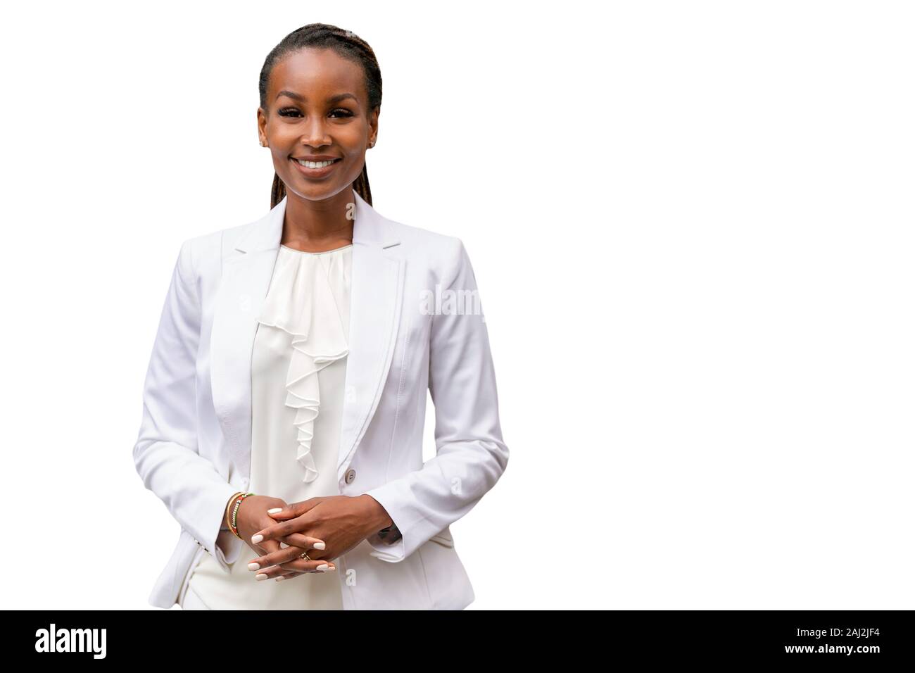 African American business persona, genuina, accogliente, caloroso, rappresentante, associare, su sfondo bianco Foto Stock
