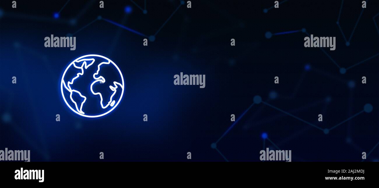 Mappa del mondo, Terra digitale, globo tecnologico, globo terrestre del pianeta e marcatore di geolocalizzazione in stile futuristico Foto Stock