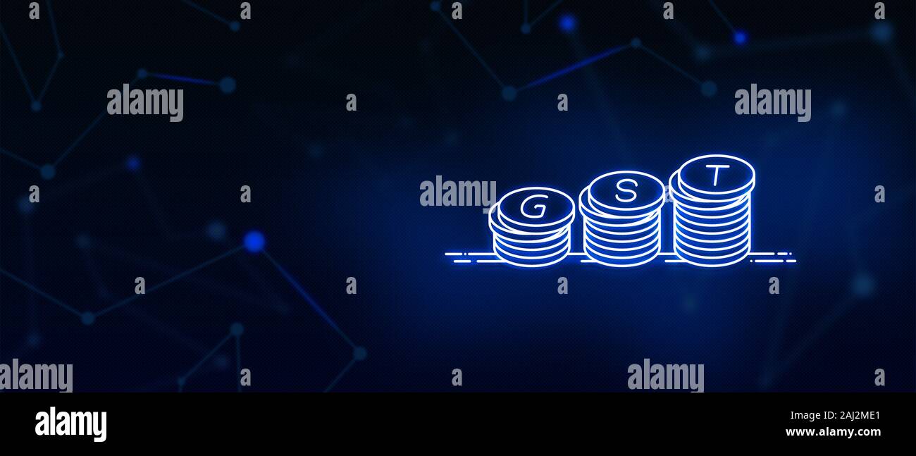 GST, Imposta Sui Beni e servizi, imposta sui beni e servizi, imposta sulle imprese, imposta sul valore aggiunto, valuta indiana, denaro, monete, conti, background Foto Stock