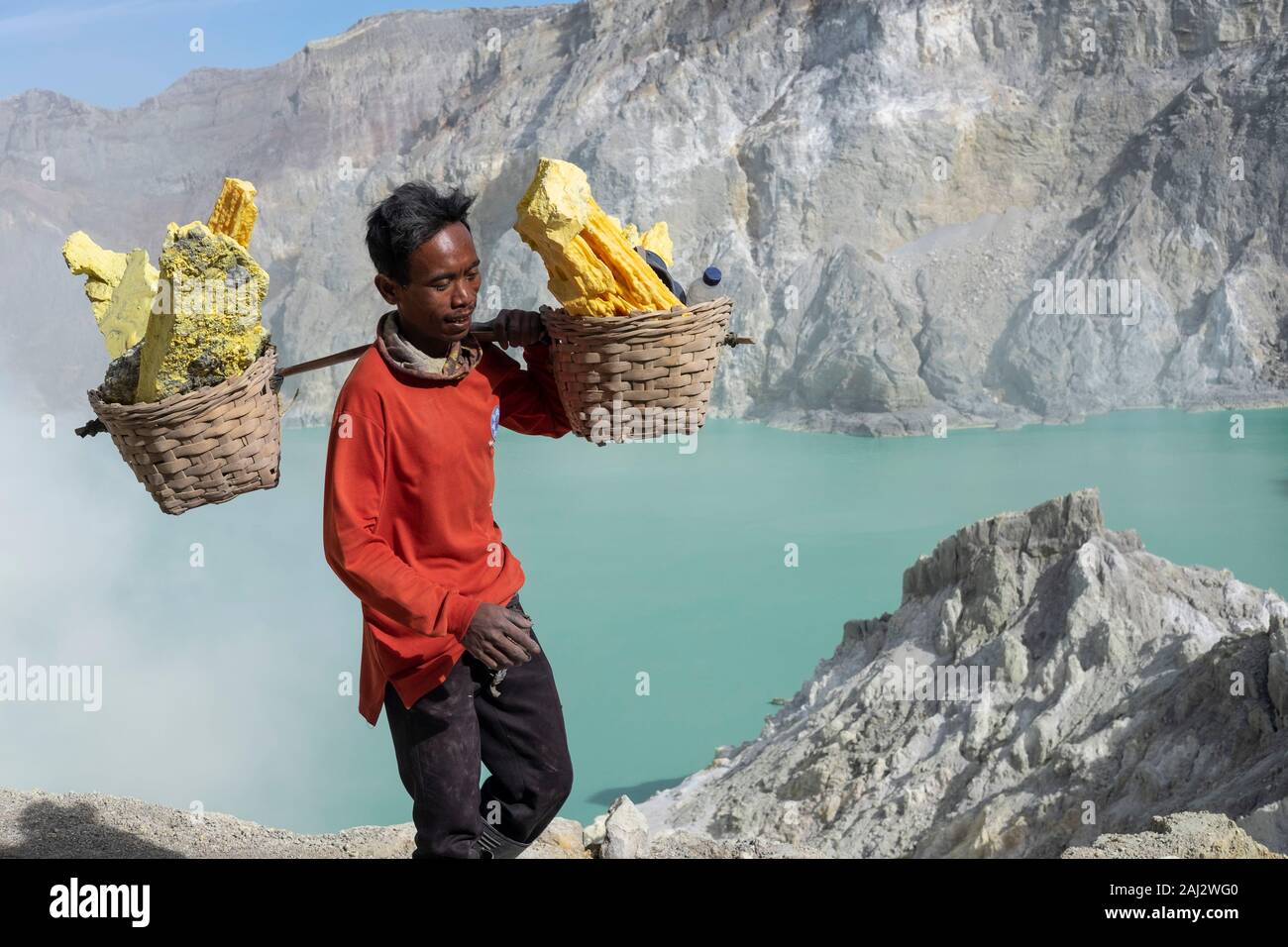 Un minatore trasporta un carico pesante di zolfo navigazione il suo modo fino al cratere del vulcano Ijen.Il vulcano Ijen è uno dei pochi luoghi in cui lo zolfo è ancora minate senza macchine, il cratere di vulcano ha una bocca attiva che produce zolfo elementare. La respirazione nel gas di zolfo può provocare a lungo termine le implicazioni sanitarie ma nonostante ciò non vi è carenza di minatori locali disposti a rischiare tutto per guadagnare un buon stipendio, minatori fare un reddito medio di tre volte superiore al salario locale. Zolfo puro viene utilizzato nella famiglia di prodotti per la pulizia, il make up, esplosivi e purificazione di zucchero. T Foto Stock