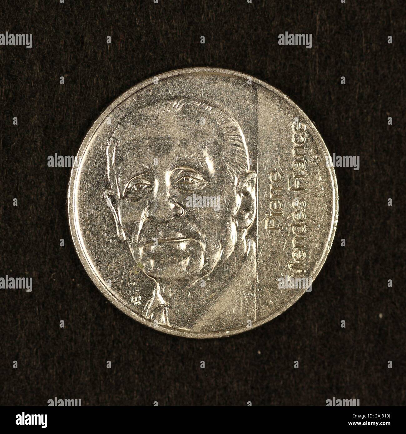 Rückseite einer ehemaligen 5 franchi Münze Foto Stock