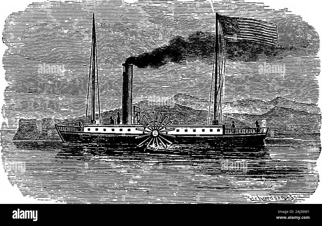 Una storia di crescita del vapore-motore . g da Falmouth in ottobre, 1806, e reachingthe Stati Uniti, 13 dicembre 1806. Il motore fu ben presto ha ricevuto e Fulton immediatelycontracted per uno scafo in cui per impostarla. Nel frattempo, Liv-ingston aveva restituito anche per gli Stati Uniti e il twoenthusiasts hanno lavorato insieme in un più ampio sistema di cottura a vapore di anywhich non era ancora stato costruito. Nella primavera del 1807, il Clermont (Fig. 80), come lenuove barca è stata battezzata, è stato lanciato dalla nave-cantiere ofCharles Brown, sull'East River, New York. In Augustthe macchinari era a bordo e per il successo di ope Foto Stock Una storia di crescita del vapore-motore . g da Falmouth in ottobre, 1806, e reachingthe Stati Uniti, 13 dicembre 1806. Il motore fu ben presto ha ricevuto e Fulton immediatelycontracted per uno scafo in cui per impostarla. Nel frattempo, Liv-ingston aveva restituito anche per gli Stati Uniti e il twoenthusiasts hanno lavorato insieme in un più ampio sistema di cottura a vapore di anywhich non era ancora stato costruito. Nella primavera del 1807, il Clermont (Fig. 80), come lenuove barca è stata battezzata, è stato lanciato dalla nave-cantiere ofCharles Brown, sull'East River, New York. In Augustthe macchinari era a bordo e per il successo di ope Foto Stock