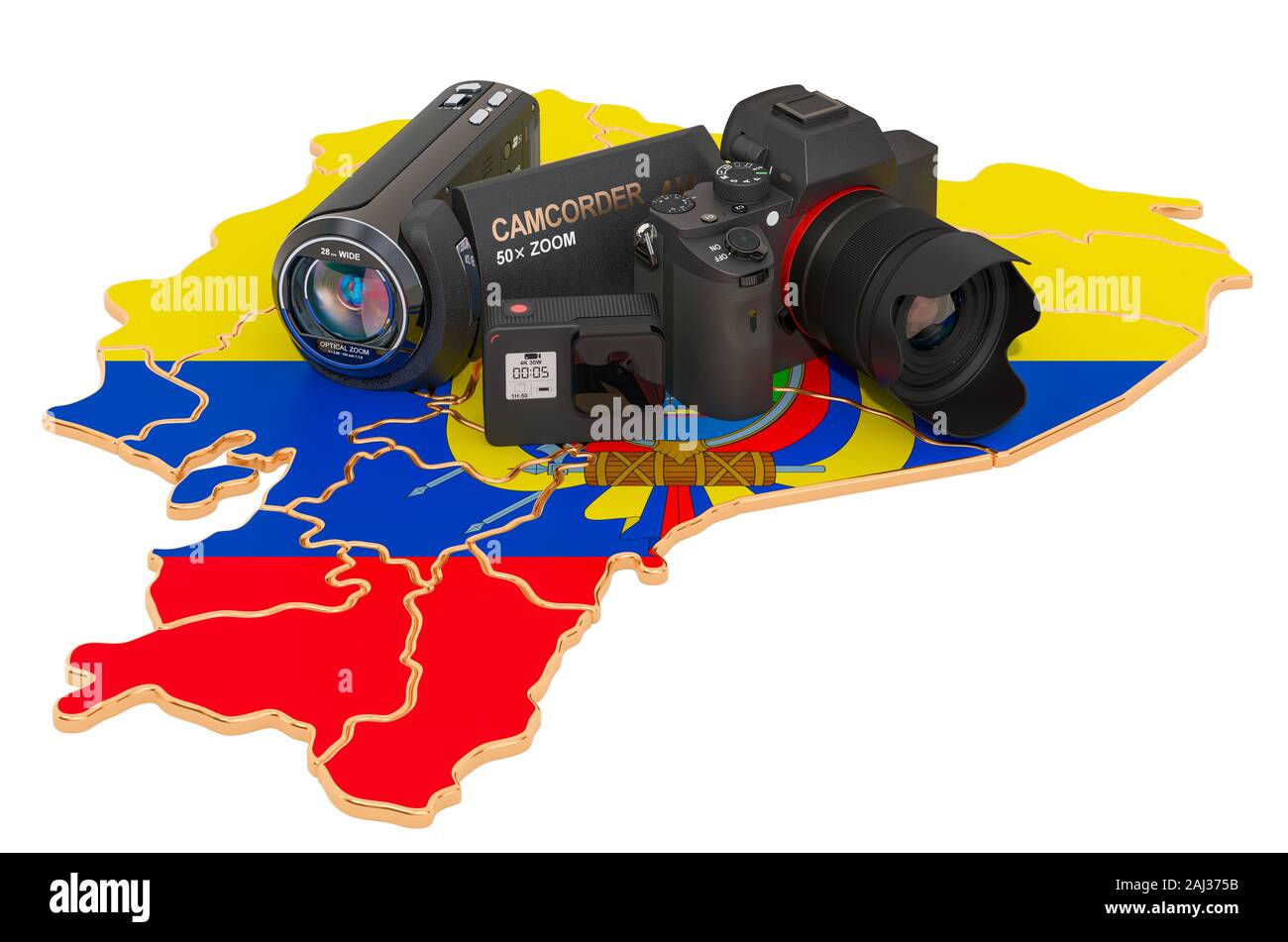 Viaggi e foto, video riprese in Ecuador. Fotocamera digitale, videocamera e fotocamera di azione sulla mappa ecuadoriana. 3D rendering isolati su sfondo bianco Foto Stock