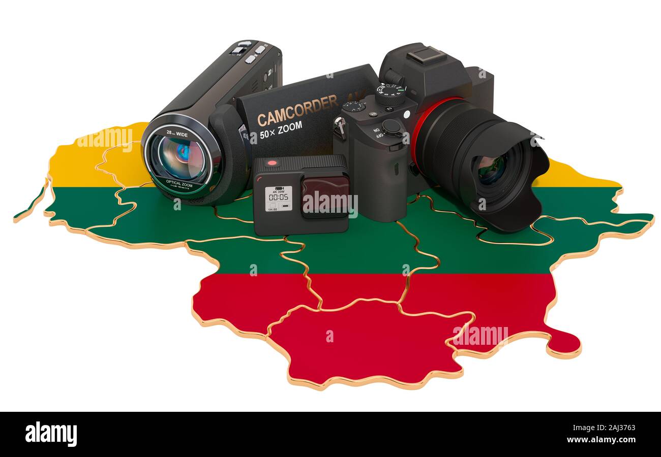 Viaggi e foto, video riprese in Lituania. Fotocamera digitale, videocamera e fotocamera di azione sulla mappa lituana. 3D rendering isolato su bianco backgroun Foto Stock