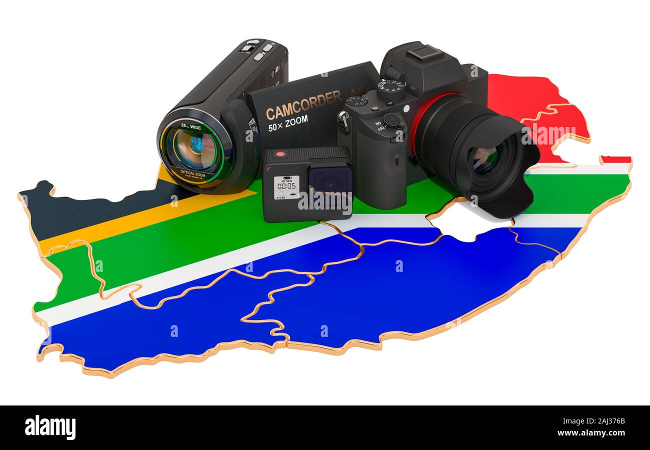 Viaggi e foto, video riprese in Sud Africa. Fotocamera digitale, videocamera e fotocamera di azione su South African mappa. 3D rendering isolato su bianco bac Foto Stock