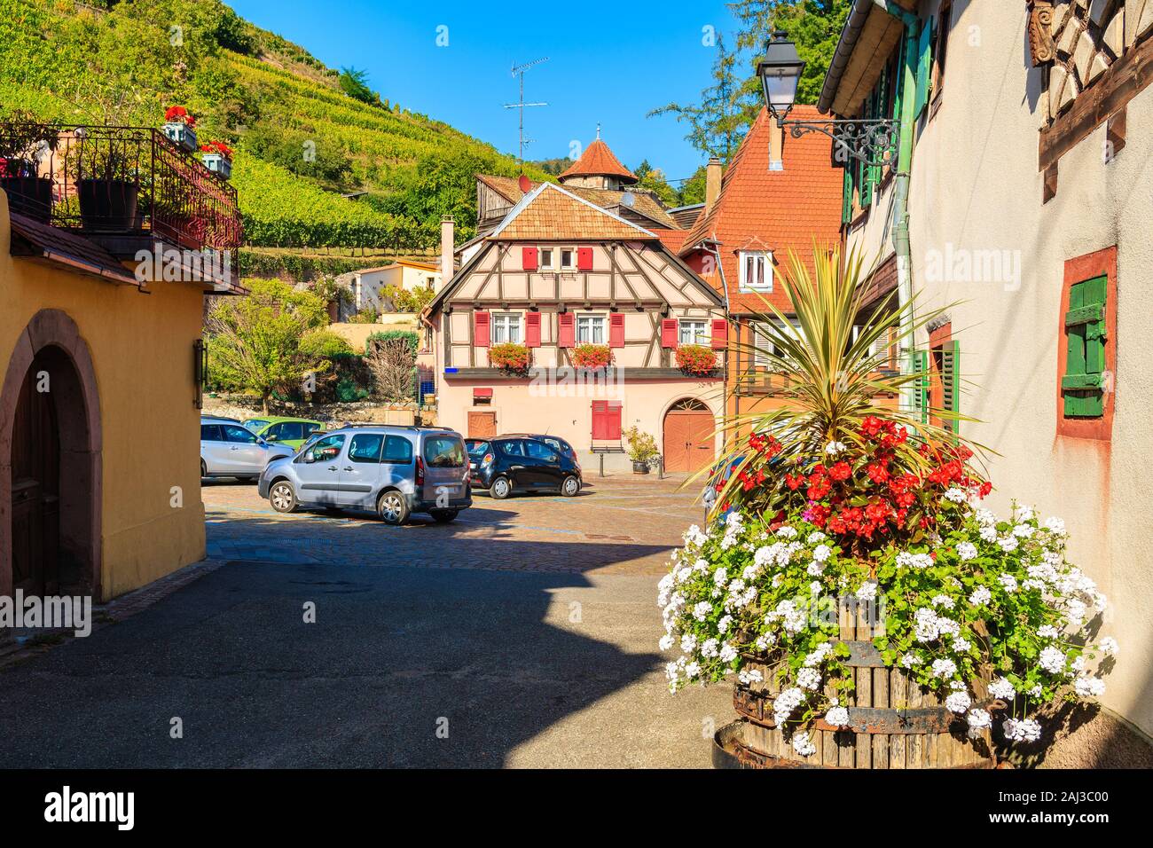 Bella tradizionali case colorate nel pittoresco villaggio di Ribeauville, Alsazia regione vinicola, Francia Foto Stock