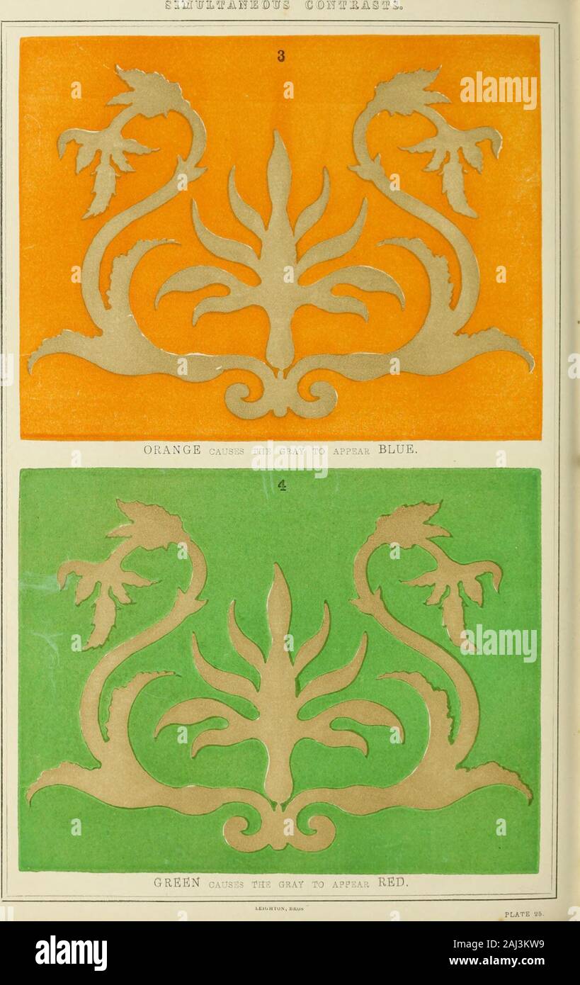 La teoria e la pratica della pittura di paesaggio in acqua-colori illustrato da una serie di venti-sei disegni e schemi di colori, e numerose xilografie . Cause BLU GRIGIO TltE A COMPARIRE ORAM G E. UflUHTON, BROS. I contrasti di colore. 265 Sarebbe pure, nella sperimentazione su questi contrasti in grandi, effettuare una delle figure tagliate fuori della stessa carta grigia su un terreno di bianco,che può essere usato come un riferimento, e il vero colore della figura può essere visibili. Nelle tavole allegate il grigio neutro è esattamente lo stesso schema ineach, essendo stampati con lo stesso colore. Nella piastra 24, Foto Stock