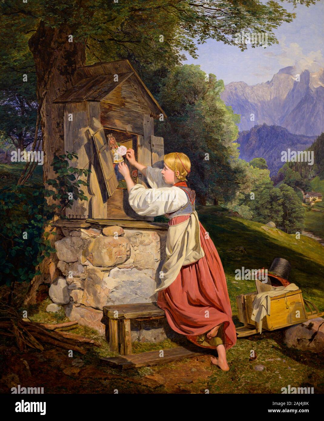 Una ragazza che ornano la Vergine con una rosa. 1836. Da Ferdinand Georg Waldmüller (1793 - 1865). Foto Stock