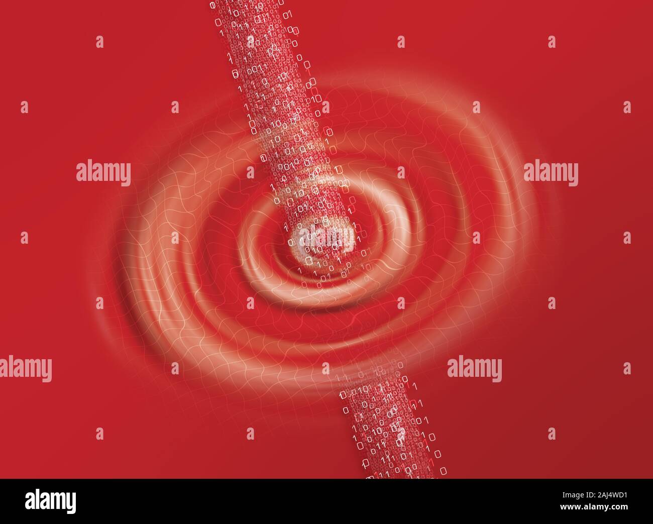 Getto di informazioni binarie dei numeri 1 e 0 in bianco di diverse dimensioni che attraversa un round cloud con onde come una galassia su uno sfondo rosso Foto Stock
