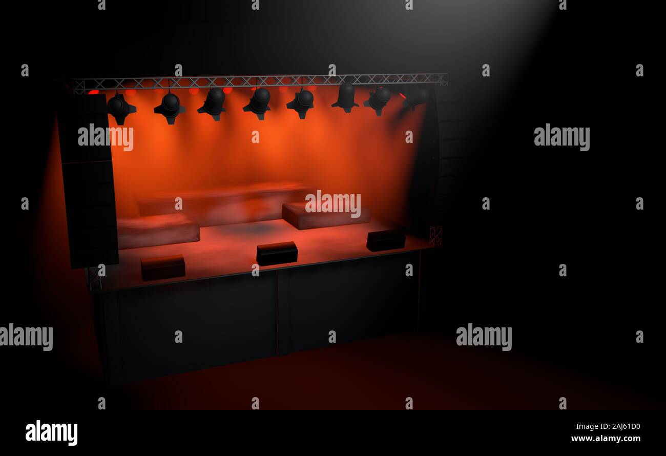 Quadrato vuoto stadio con i riflettori accesi con luce rossa e una luce bianca che brilla in fronte con sfondo nero. 3D illustrazione Foto Stock