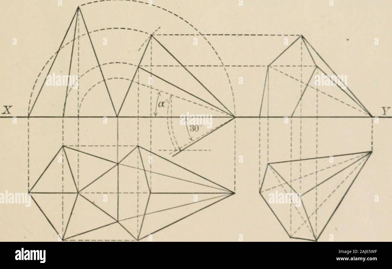 Geometria descrittiva per gli studenti di ingegneria e architettura; un accuratamente classificato corso di istruzione . Fig. 3j. In Fig. 33 regolarmente una piramide pentagonale è realizzato a riposo con uno dei suoi tri-facce angolari in H.P. e l'asse del solido-la linea dal suo apice per ilcentro della sua base-è a 30° al V.P. Questo significa che il composto angolo. Fig. Deve essere trovata per l'asse, poiché vi sono due angoli per essere presi in considerazione, vale a dire, l'angolo a° che fa con la H.P.. e la 30^ angolo rende conla .P. Nella posizione finale, quindi, il progetto oi l'asse è Foto Stock