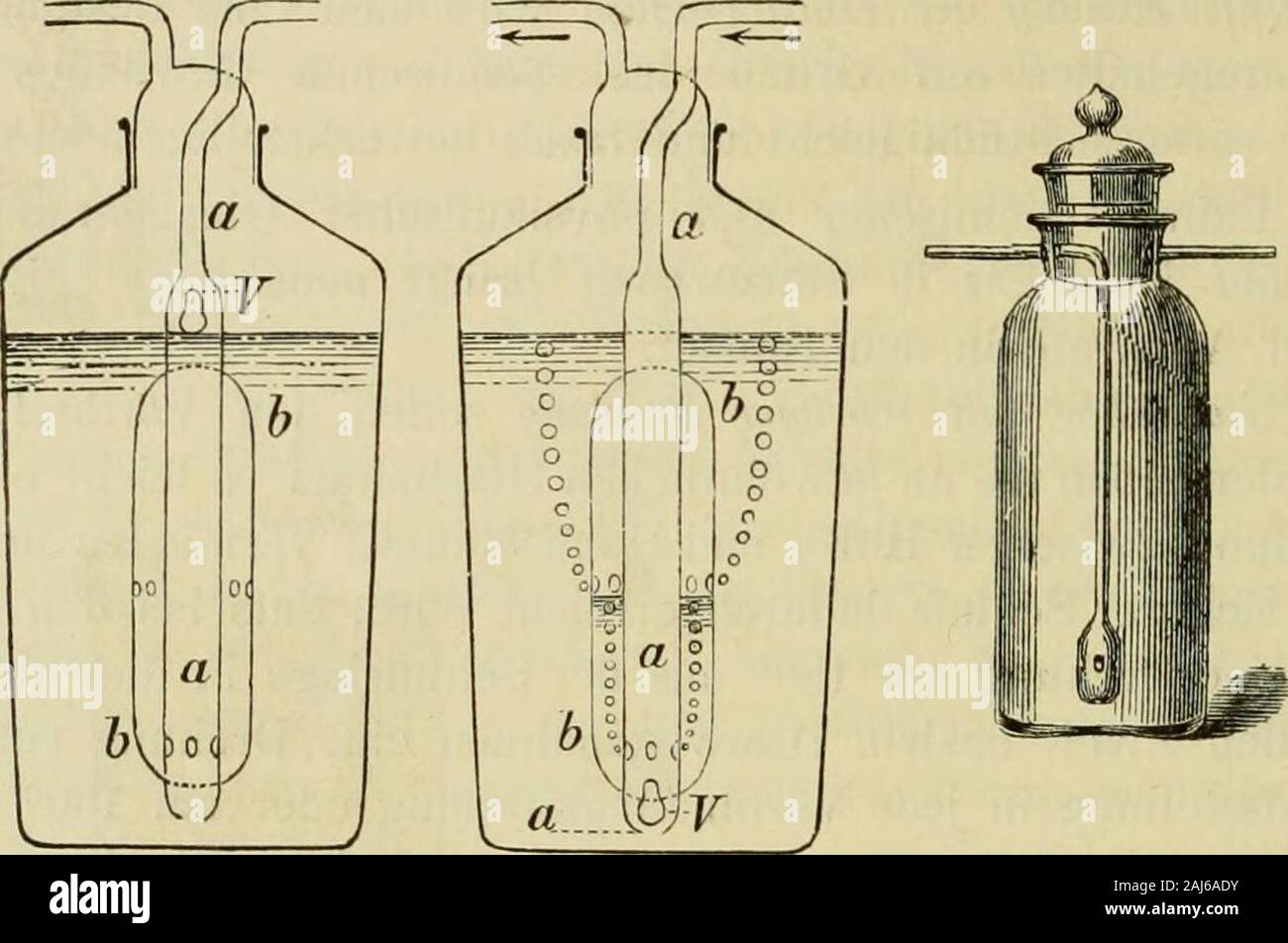 Dingler's polytechnisches Journal . ahn, Fig. 2einen ebensolchen mit Quecksilber-dichtung, Fig. 3 einen Zweiwege-hahn, Fig. 4 bezieh. 5 stellen eineGasbürette bezieh, den unteren Theil einer Hempelschen Gasbürette Mit einem solchen Zweiwegehahn und Quecksilberdichtung dar. Dinglers polyt. Ufficiale Bd. 263 No. 10. 1887,1. 32 482 Neuere Apparate und Verfahren für Chemische Laboratorien. Neue Wasch- bezieh. Absorptionsflaschen. Die neue doppelt wirkendeWaschflasche (Fig. 6 und 7) unterscheidet sich von ähnlich angeordneten(vgl. Allihn 1884 254*118) dadurch, dafs die in dem inneren Wasch-gefäfse b Foto Stock