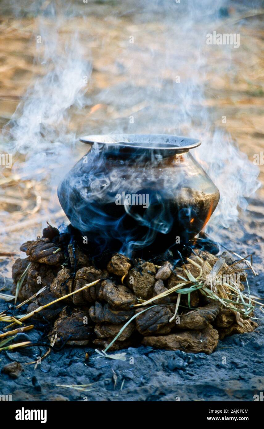Per la cottura in una pentola a fuoco fatta di essiccato cameldung durante il Pushkar Camel Fair, uno dei più grandi camel-mercati in Asia Foto Stock