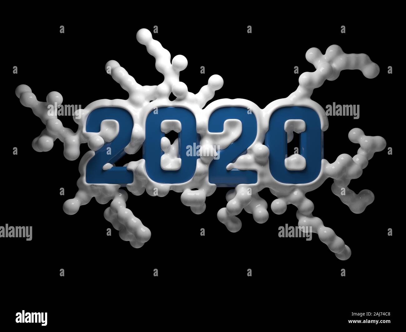 La figura 2020 fatta di plastica o metallo in popular Classic colore Blu circondato dal bianco di struttura molecolare. 3d illustrazione isolate su backgrou nero Foto Stock