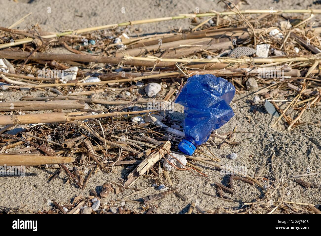 Blu bottiglia di plastica sul mare inquinato ecosistema litorale dopo la tempesta di neve, cilento Foto Stock