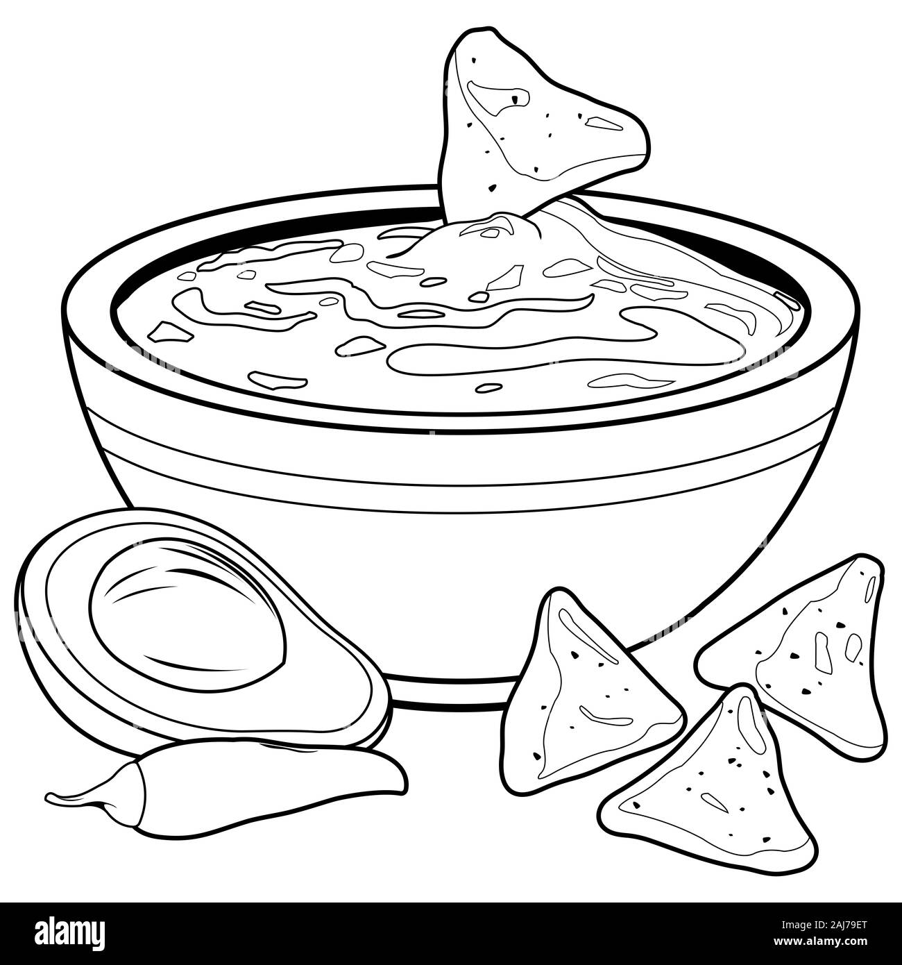 Ciotola di avocado guacamole e nachos chips. In bianco e nero nella pagina di colorazione Foto Stock