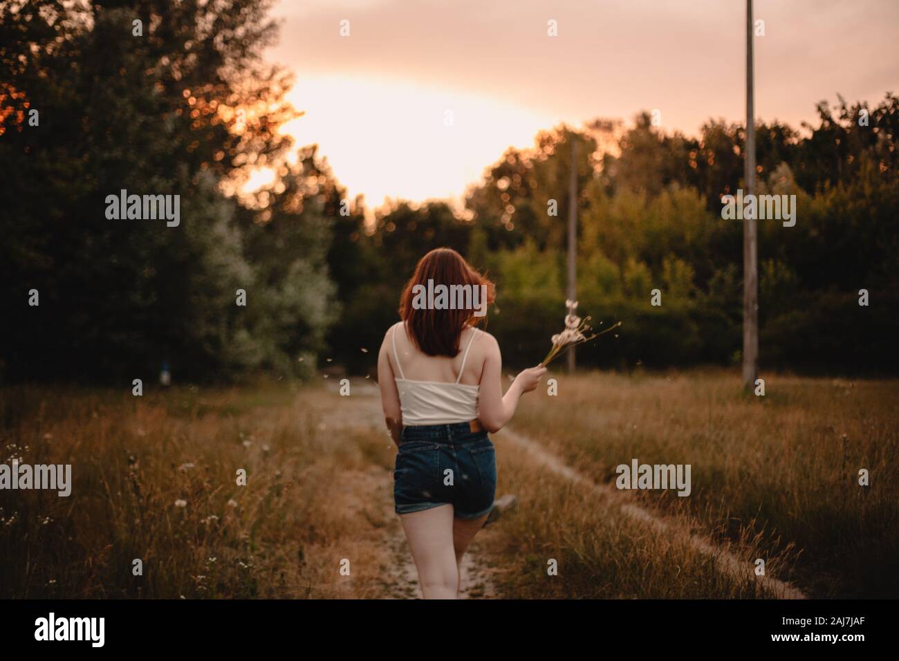 Vista posteriore della giovane donna che cammina via sulla strada di campagna durante l'estate Foto Stock