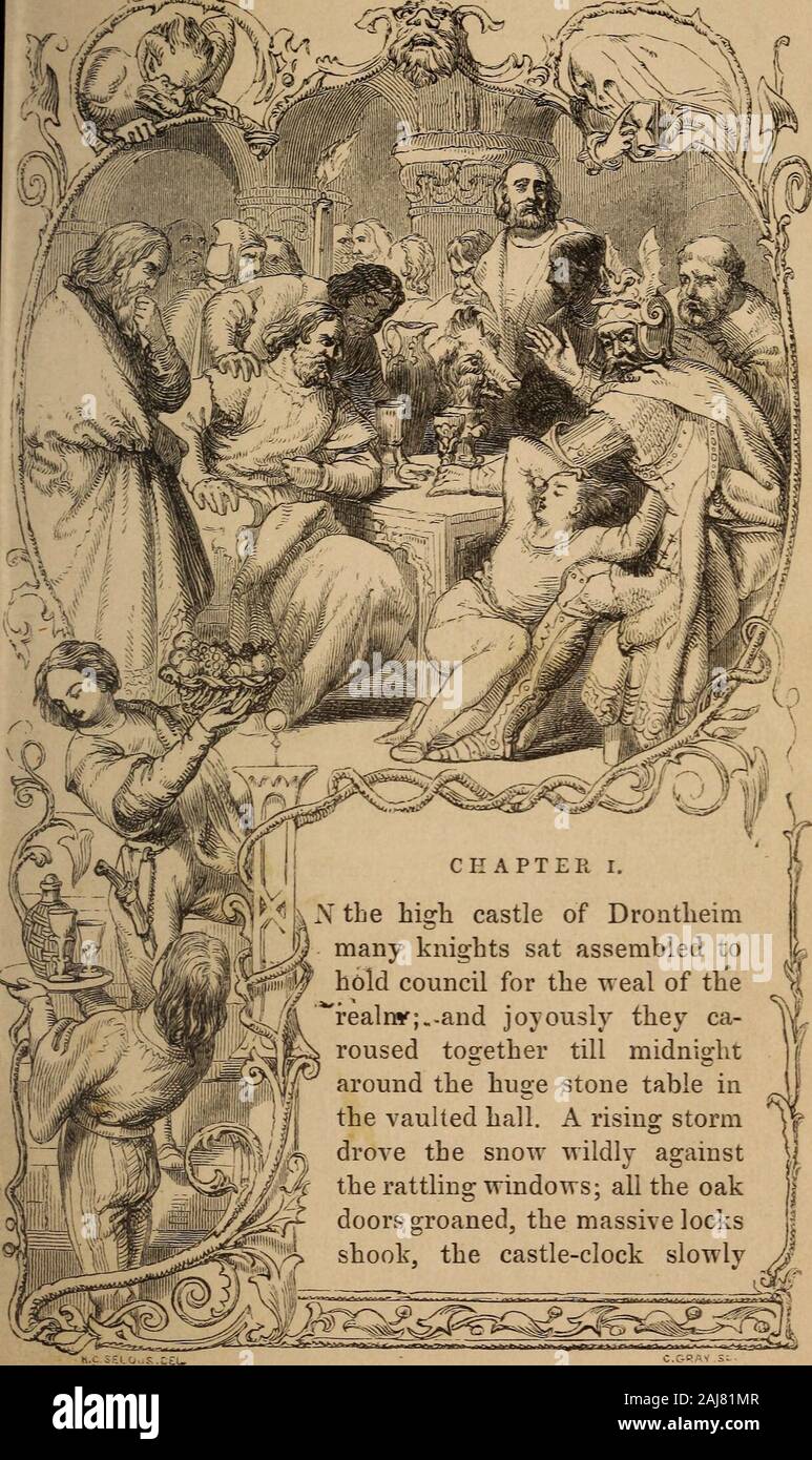 Sintram e i suoi compagni . v&GT; disegnato da H. C. SELOUS. Pagina La festa di mezzanotte nel castello di Drontheim ... 1 i mercanti tedeschi aggrediti in Biorns Castle . .35 Il Guerriero sconosciuto su Niflungs Heath . 42 Folko e Gabrielle,- Sintram con il suo liuto . . ,50 Sintram mcon sul mare-shore 50 Folko attaccato da un Orso e salvato da Sintram . .72 guardando dal corpo morto del Castellano . . .86 Folko distruggendo il Golden Boars Head 90 Sintram mettendo il tentatore al volo t 104 mi Scena di chiusura: Sintram, Engeltram, i mercanti tedeschi, &c. 120. N il castello di elevata di Drontheimmany knig Foto Stock