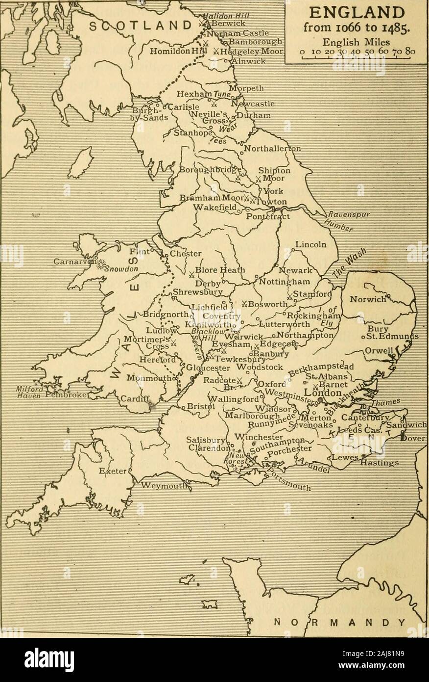 Una storia di Inghilterra . n. In autunno di 1459il Conte di Salisbury raccolto un esercito e sconfitto LordAudley a Blore Heath in Staffordshire. La finale breakbetween Lancastrians e Yorkists aveva ora si è verificato, guerra andcivil fiammata fino in tutte le direzioni. Mentre il Duca di Yorkgathered le sue forze, Henry per una volta ha agito con surprisingvigor. Egli marciò su Ludlow, dove York, Salisbury, andWarwick stazionavano, e promettendo una grazia a thosewho presentate, conquistato un certo numero di Yorkists. Il restwere sequestrati con un panico e fuggirono. York si rifugiarono inIreland, mentre Salisbury e Warwick pensionati t Foto Stock