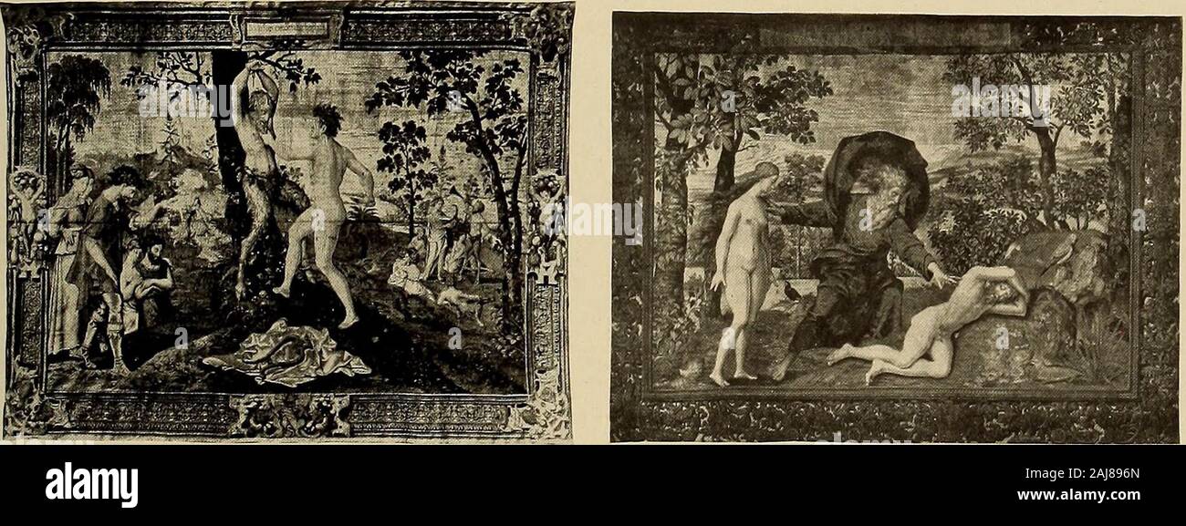 Tessuti decorativi; un libro illustrato su coperture per mobili, pareti e pavimenti, compresi i damaschi, broccati e velluti, arazzi, merletti, ricami, chintzes, Cretonnes, tendaggi e arredi passamaneria, wall papers, tappeti e moquette, cesellata e pelli illuminato . Piastra XII-il trionfo del grottesco VENUSRenaissance arazzo nella nazionale francese di raccolta. Piastra XIII-MARSIA scorticato dalla piastra di Apollo XIV-LA CREAZIONE DI EVA arazzo rinascimentale nel Royal collezione spagnola arazzo rinascimentale nell'Arazzo Gallery a Firenze 281 Foto Stock