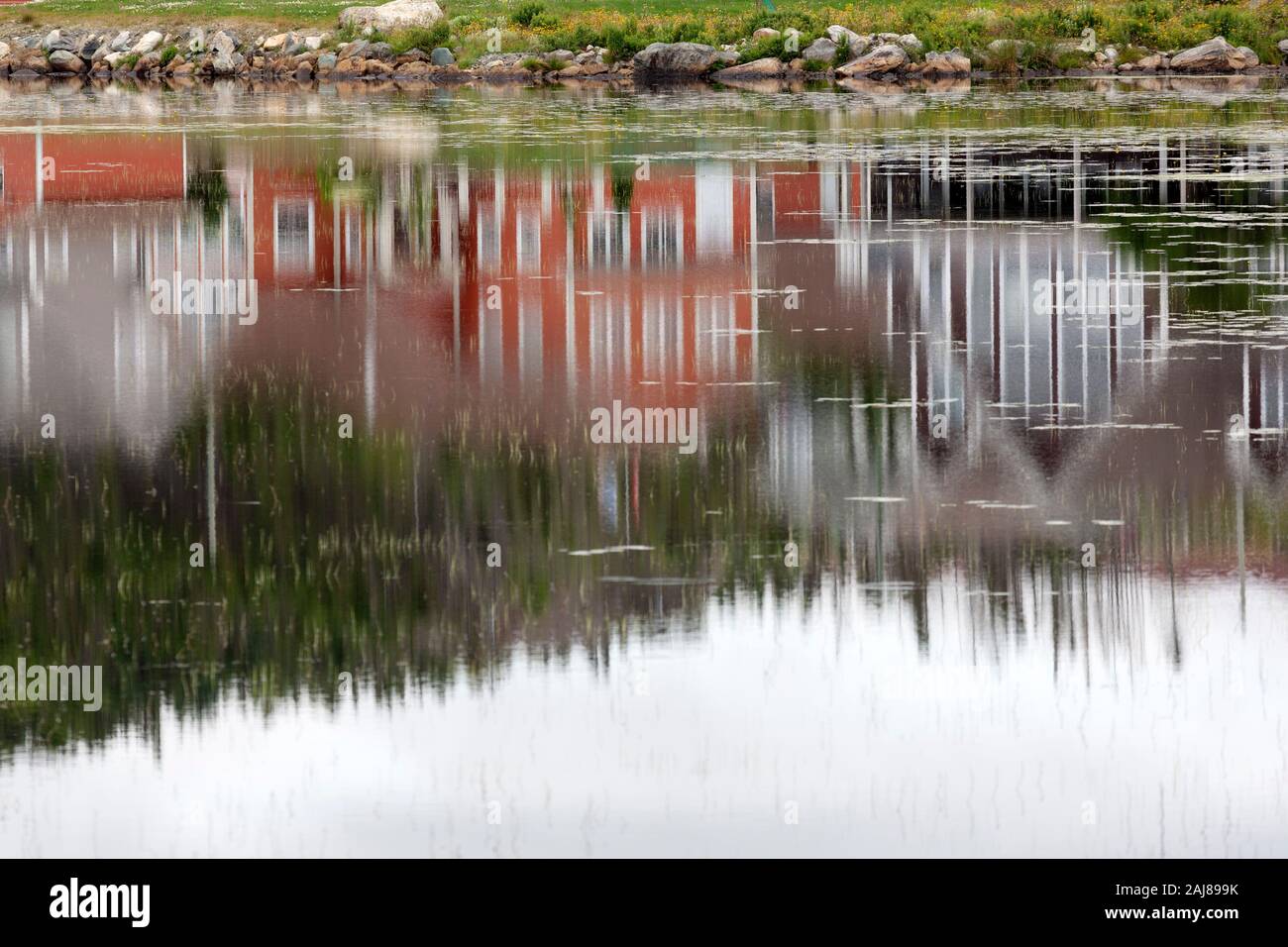 Riflessioni di case a Witless Bay in Newfounland e Labrador, Canada. Le facciate riflettono nella superficie dell'acqua. Foto Stock