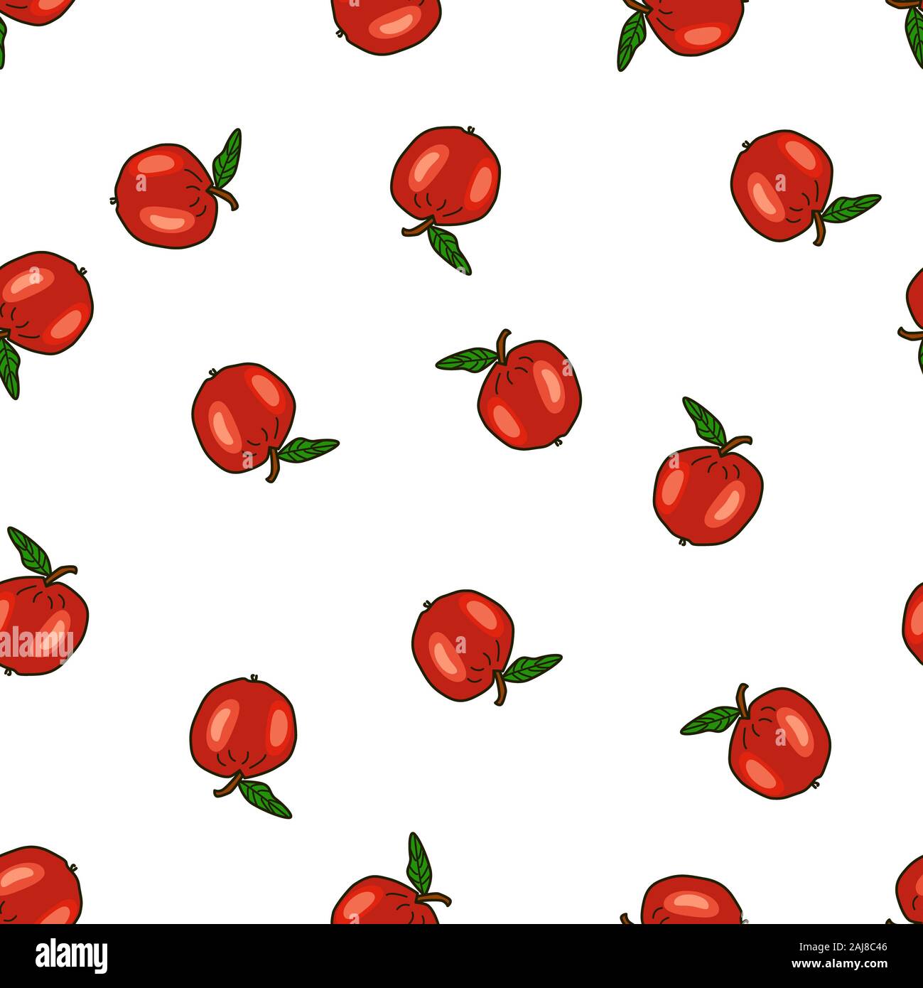 Modello senza soluzione di continuità con le mele su sfondo bianco. Rosso sfondo apple. Cartoon piatto di frutta stile Sfondo piastrelle, sfondo, il tessile e la stampa. Vect Foto Stock