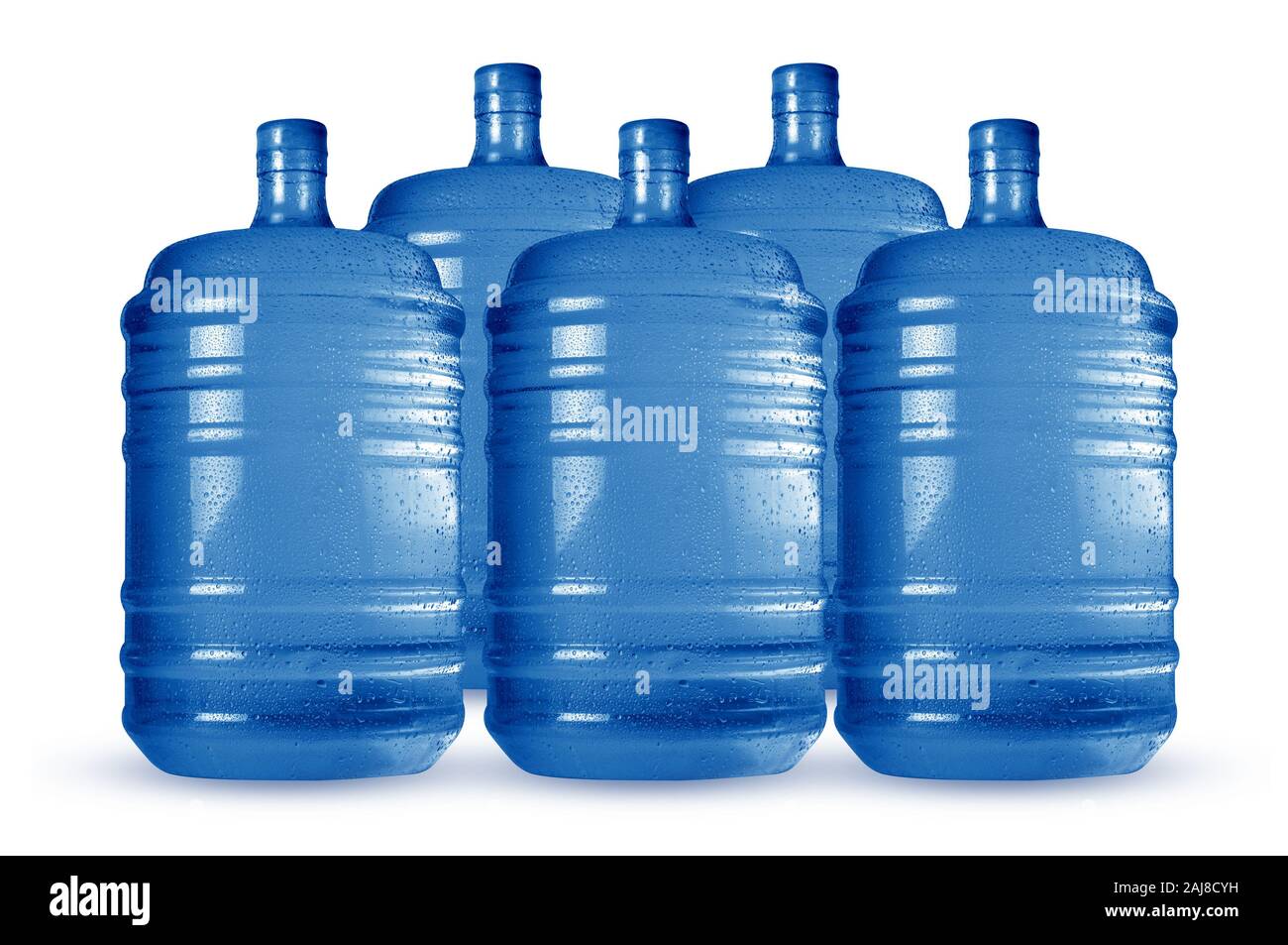 Bottiglie grandi blu riempiono le lattine di acqua di raffreddamento Foto Stock
