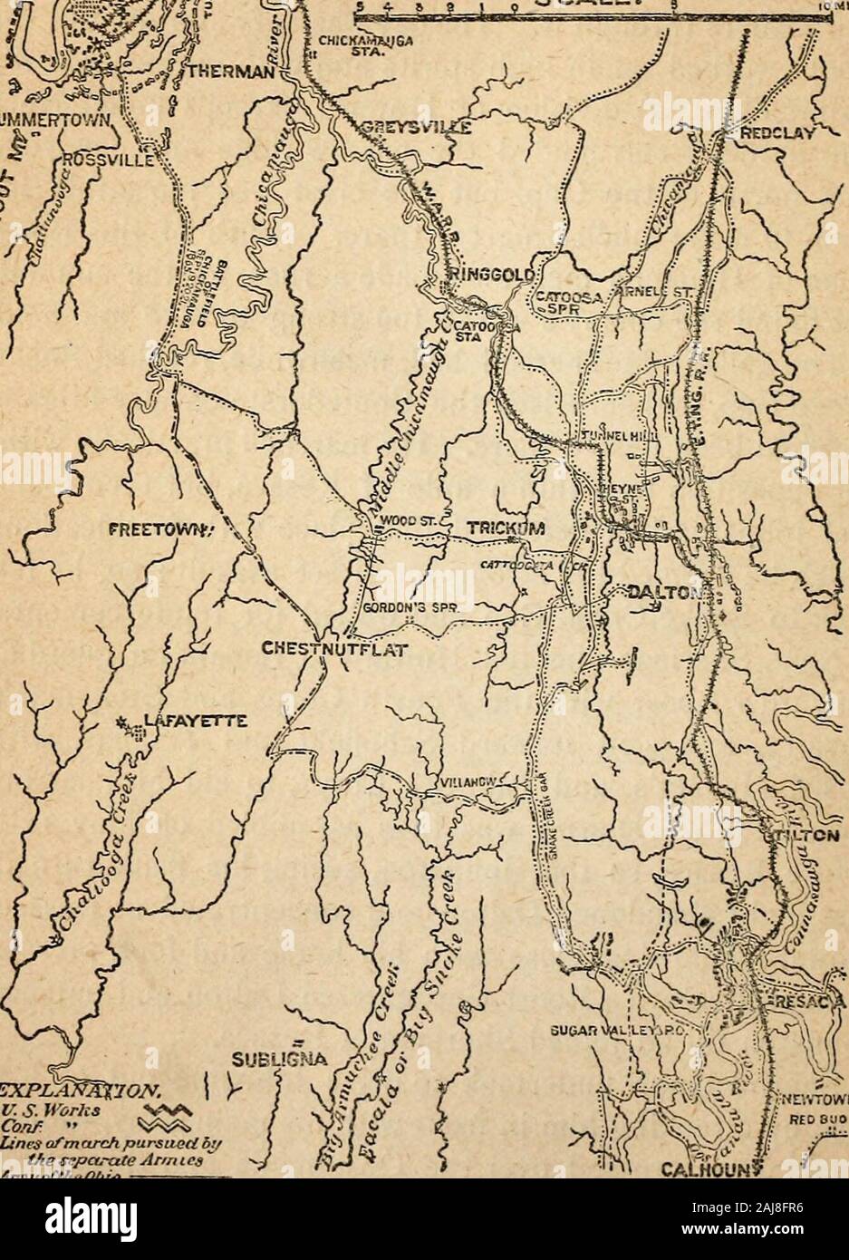 Vita di Wm Tecumseh Sherman .. . Mappa N2f.ATLANTA SCALA DI CAMPAGNA. ^t Set U V.9 e/af. SUBUGNA EXPLAr7&GT;TX70/V. W ) LU.S. Opere WN / SV&GT;* &LT;y- Linee ofmarch perseguito da j r*^l£ / t/ie separare Ar/rues ^J /^J ^ j Annyafe/ivOJuo -.. " • Jewesses ^?^rr *• " **Ctinhbertand •?"-..• RESACA. 317 pomeriggio del 14 maggio il grand attacco alla Resaca essere-gan. Shermans centro sinistra realizzato un assalto galante, carrieda lavoro, catturato alcuni cannoni, ma è stata poi verificata.Poi il celebre cofano realizzato un furioso attacco uponShermans fianco sinistro e in un primo momento ha guadagnato qualche vantaggio,che Howard, aiutata da una divisione del gancio Foto Stock