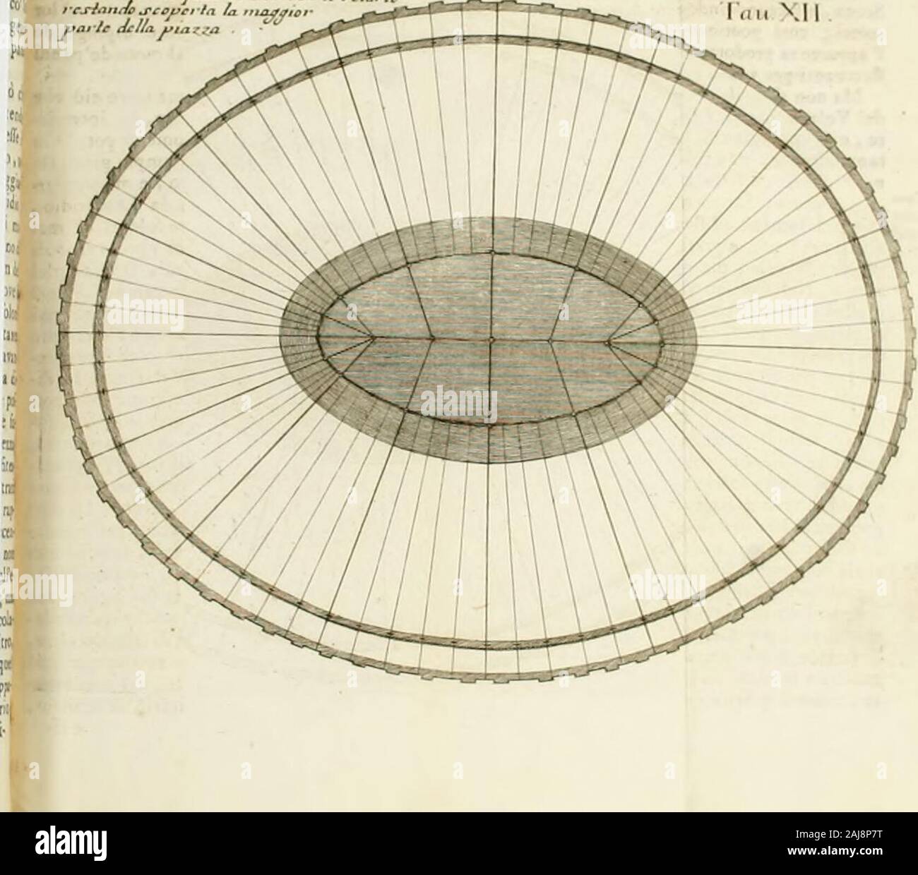 De gli anfiteatri, e singolarmente del veronese, libri a causa : ne' quali e si tratta quanto appartiene all'istoria, e quanto tutti i'architettura . CorJe ^otte-a /e .ji,ah j-/ j-hmJta tt t^hg* " Jfas/r delia^.. LIBRO SECONDO. 195 rimetterlo ; e pura un fappiamo cagioni^efempio, che Caligola ci prendea Ipaf- ^^^fo talvolta ne gli fpectacoli gladiatorii > ^ ^ * quando il sole era più intenfo, di lontano le-vare la tenda iirjproviramcnte, vietandochiunque fofle liifcire.Non potea dunque lavorio tal altra*mente difporfi, che col formar nel me-20 onu grand anello ovale di fune da parte grolTa,pei quale veni/Te un kfciar Foto Stock