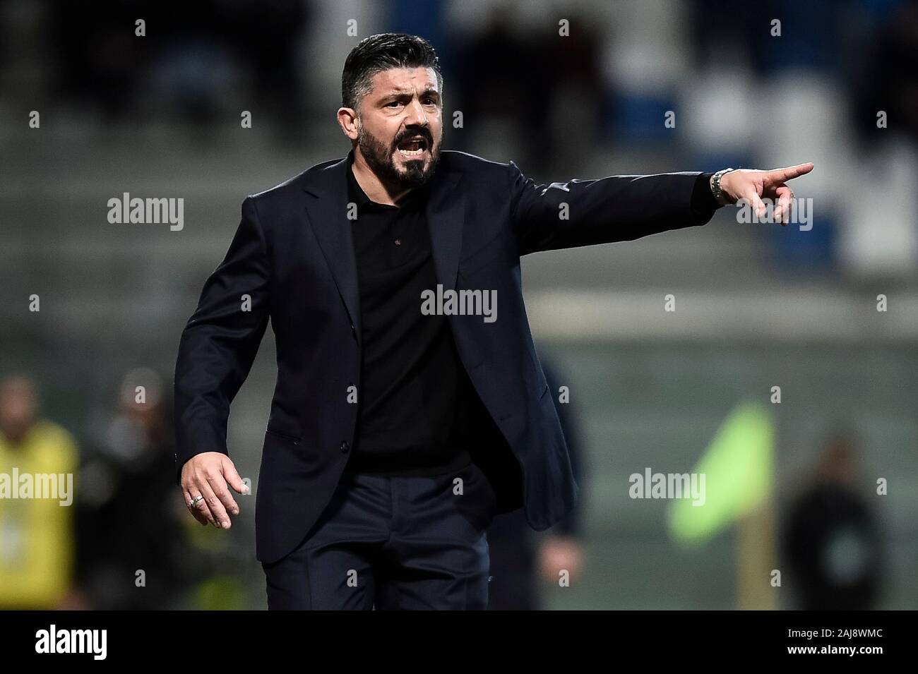 Reggio Emilia, Italia. 22 Dicembre 2019: Gennaro Gattuso, head coach della SSC Napoli, gesti durante la serie di una partita di calcio tra noi Sassuolo e SSC Napoli. SSC Napoli ha vinto 2-1 sopra di noi di Sassuolo. Credito: Nicolò Campo/Alamy Live News Foto Stock