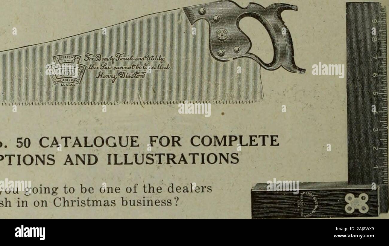Merchandising Hardware settembre-dicembre 1919 . f-{?^f? S^S^tvSm^i. .^%LLty X.rvyfrU&S J.J lilf ,";", ! Vedo la nostra n. 50 Catalogo per COMPLETEDESCRIPTIONS e illustrazioni sono stai andando a essere uno dei dealerswho in contanti sul Natale business? Effettuare una speciale unità per quest'anno-e lasciare Disston aiuto! Le stesse persone che regolarmente readabout Disston seghe e strumenti in theirpapers e riviste saranno yourChristmas acquirenti - appello a themthrough il nome familiare Disston. Il messaggio Disston di migliori strumenti sawsand raggiunge quasi ogni differenttype del cliente che avete. DISSTON di alta classe Foto Stock