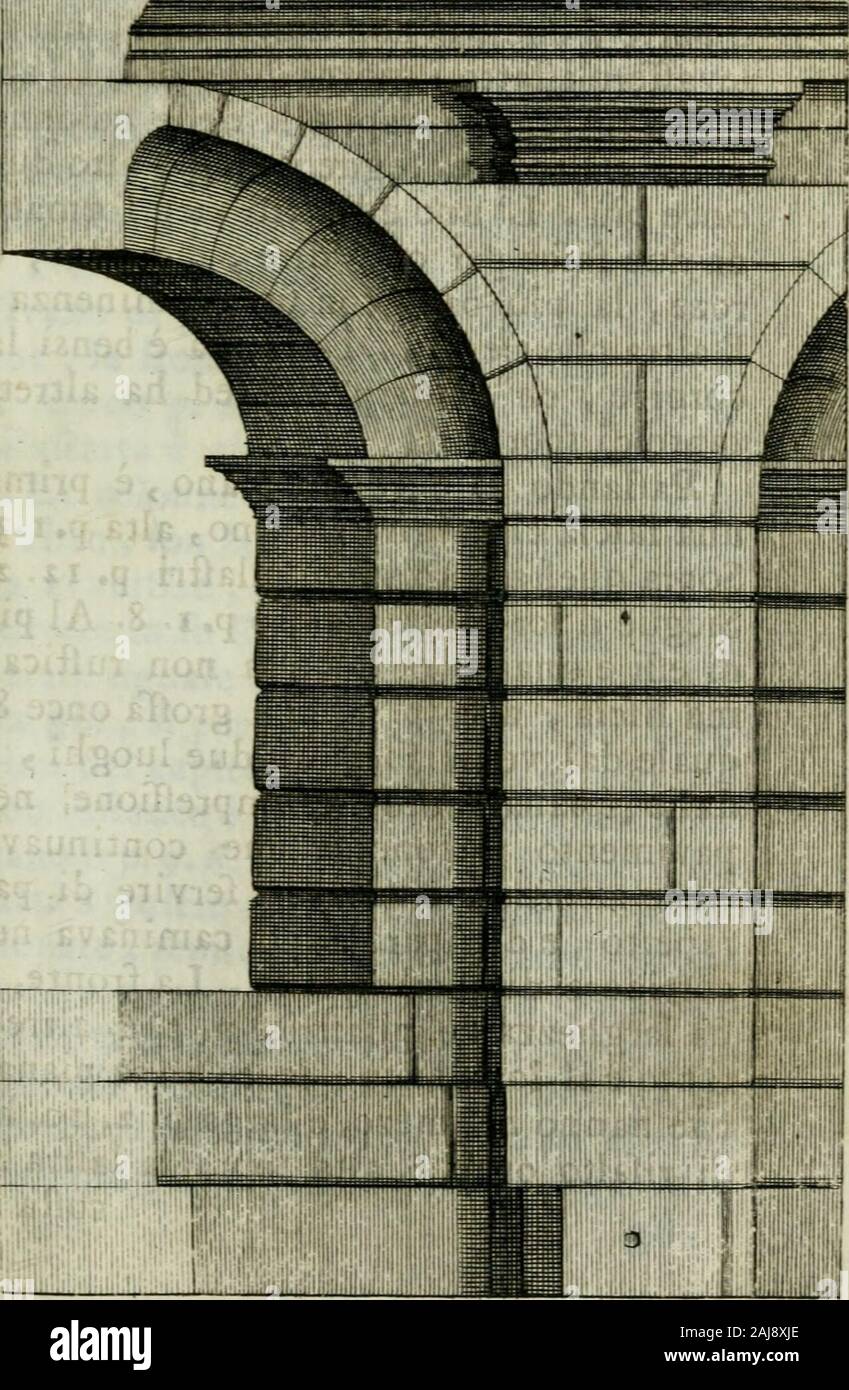 De gli anfiteatri, e singolarmente del veronese, libri a causa : ne' quali e si tratta quanto appartiene all'istoria, e quanto tutti i'architettura . TauVt. 5AuejanD. "-?T-J ? ^ >0 Jicl. LIBRO SECONDO. È$ cofìa p. 21. 8. Tuo capitello p. i. 8. Pila*Itrate , che tengon fu T arco , oltre allaJaflra di p. ?• 6. alte p. S. 8. larghe p. i.5. Tpoito importa dell mezo piede . Al-tezza delF arco p.20. 2. larghezza de va-ni p. 12. 3. Non tutti però ugualmente •La groflèzza della volta di fotto , e delpavimento di fopra , di cui fi vede il fe-gno nepilaftri , importava piedi 2. 2,Larchitrave di queflo pian Foto Stock