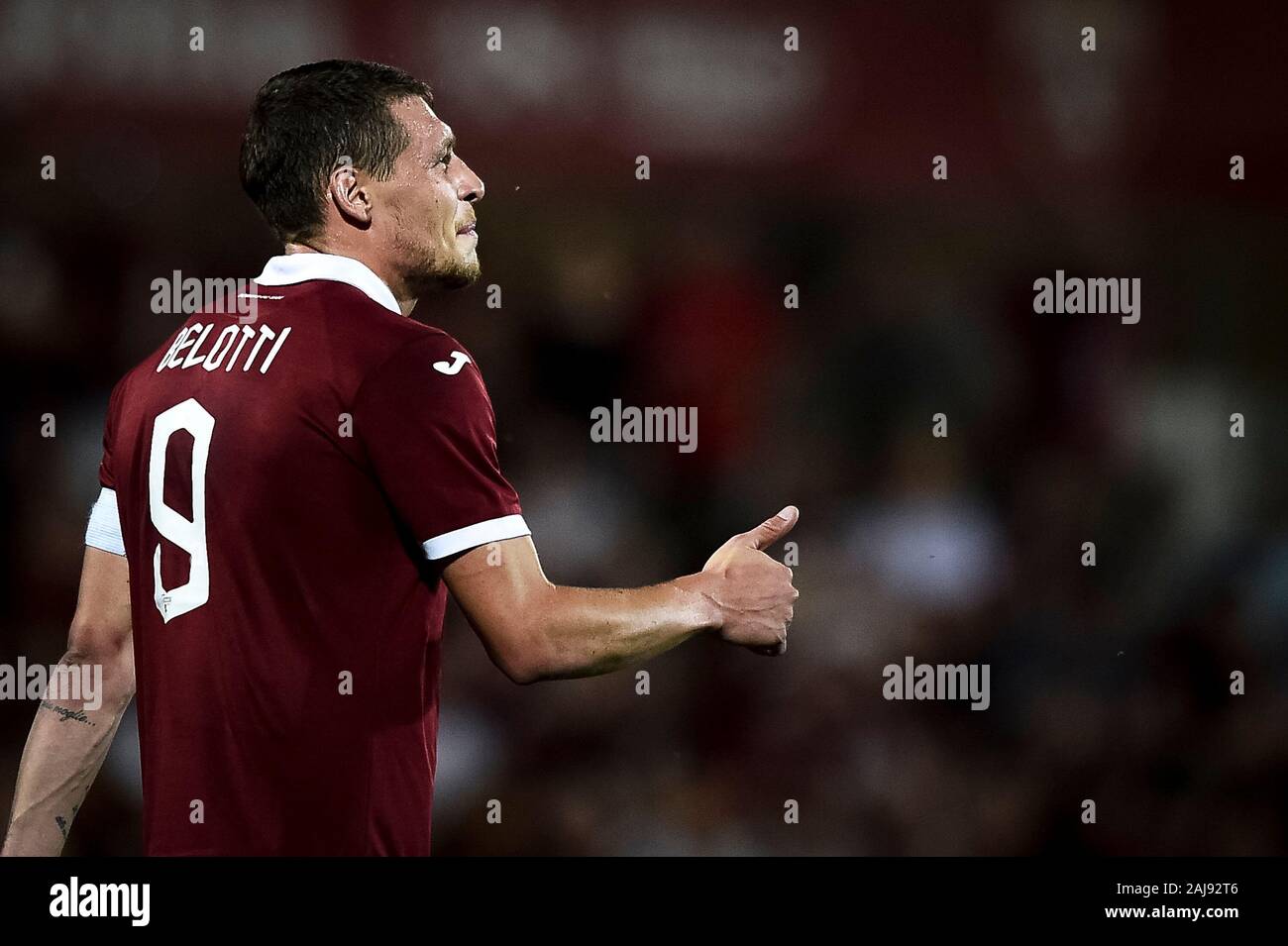 Alessandria, Italia. 25 Luglio 2019: Andrea Belotti di Torino FC gesti durante la UEFA Europa League secondo turno di qualificazione partita di calcio tra Torino FC e Debrecen VSC. Torino FC ha vinto 3-0 su Debrecen VSC. Credito: Nicolò Campo/Alamy vivere nuove Foto Stock