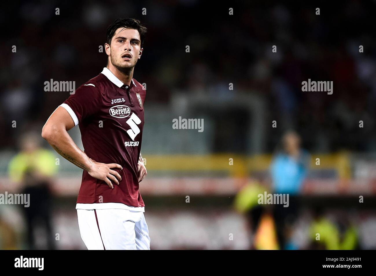 Torino, Italia. 8 agosto 2019: Kevin Bonifazi di Torino FC si affaccia su durante la UEFA Europa League terzo turno di qualificazione partita di calcio tra Torino FC ed FC Shakhtyor Soligorsk. Torino FC ha vinto 5-0 su FC Shakhtyor Soligorsk. Credito: Nicolò Campo/Alamy Live News Foto Stock