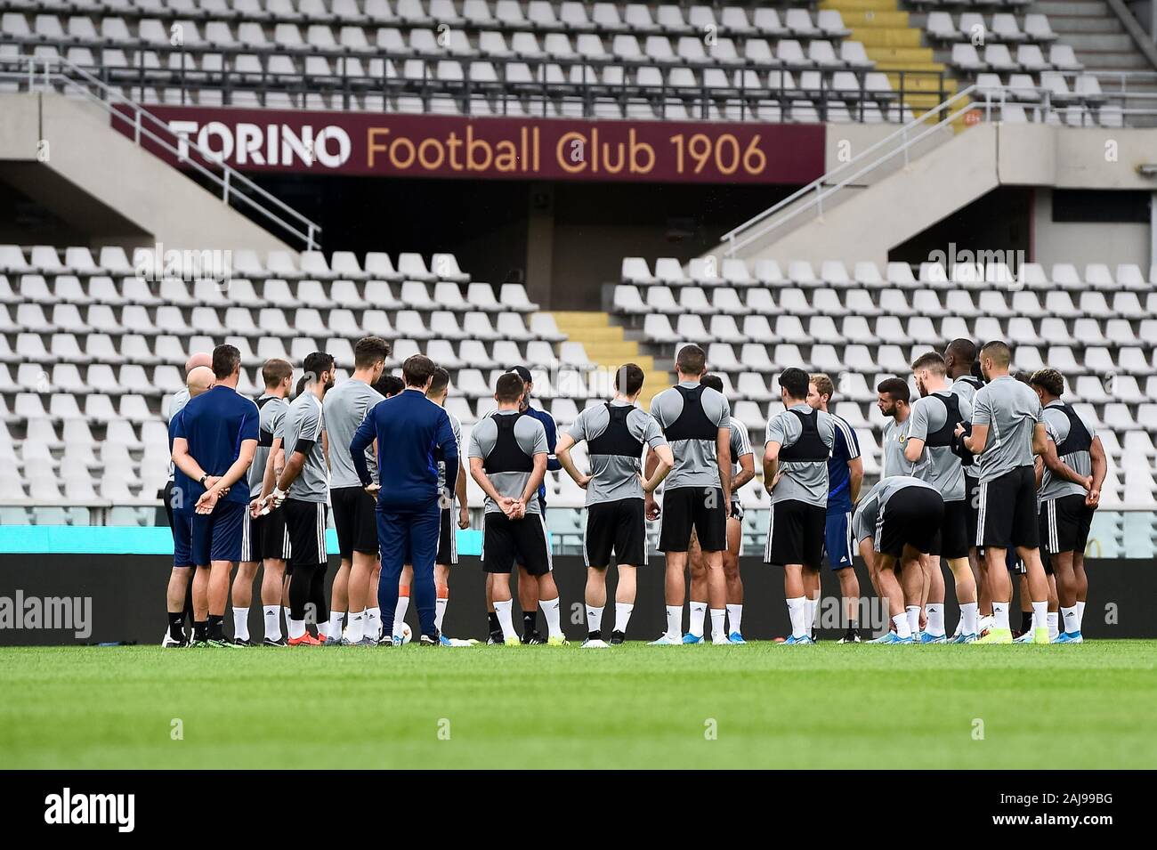 Torino, Italia. 21 Agosto 2019: vista generale durante il Wolverhampton Wanderers FC formazione alla vigilia di UEFA Europa League playoff round partita di calcio tra Torino FC e Wolverhampton Wanderers FC. Credito: Nicolò Campo/Alamy Live News Foto Stock